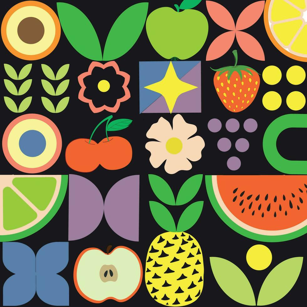 geométrico verano Fresco Fruta póster con vistoso sencillo formas escandinavo estilo resumen vector modelo diseño. frutas moderno geométrico modelo fondo, vector comida loseta en resumen geometría.