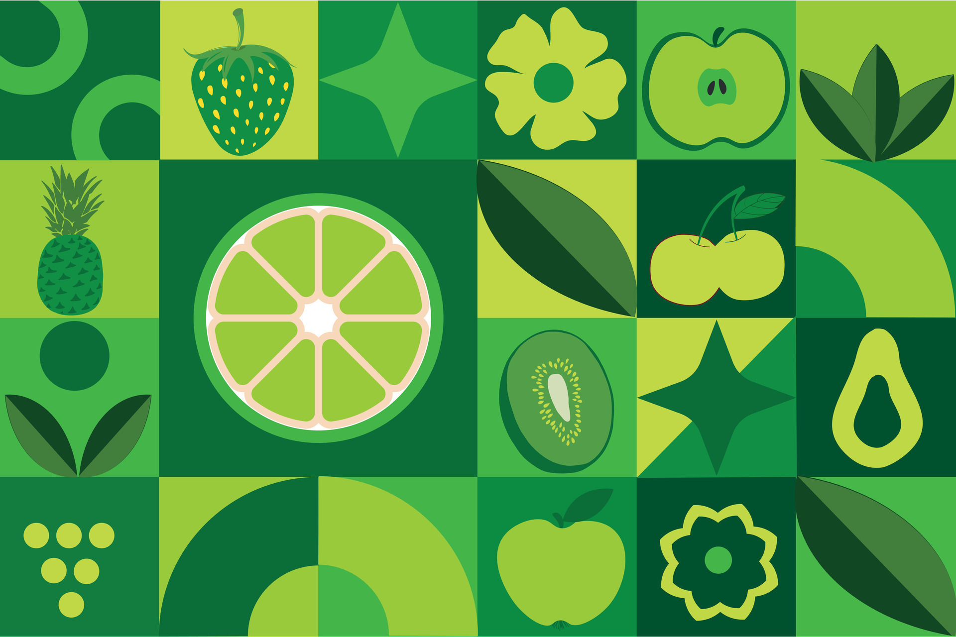 Geometric organic seamless pattern with fruits. Geometric summer fresh
