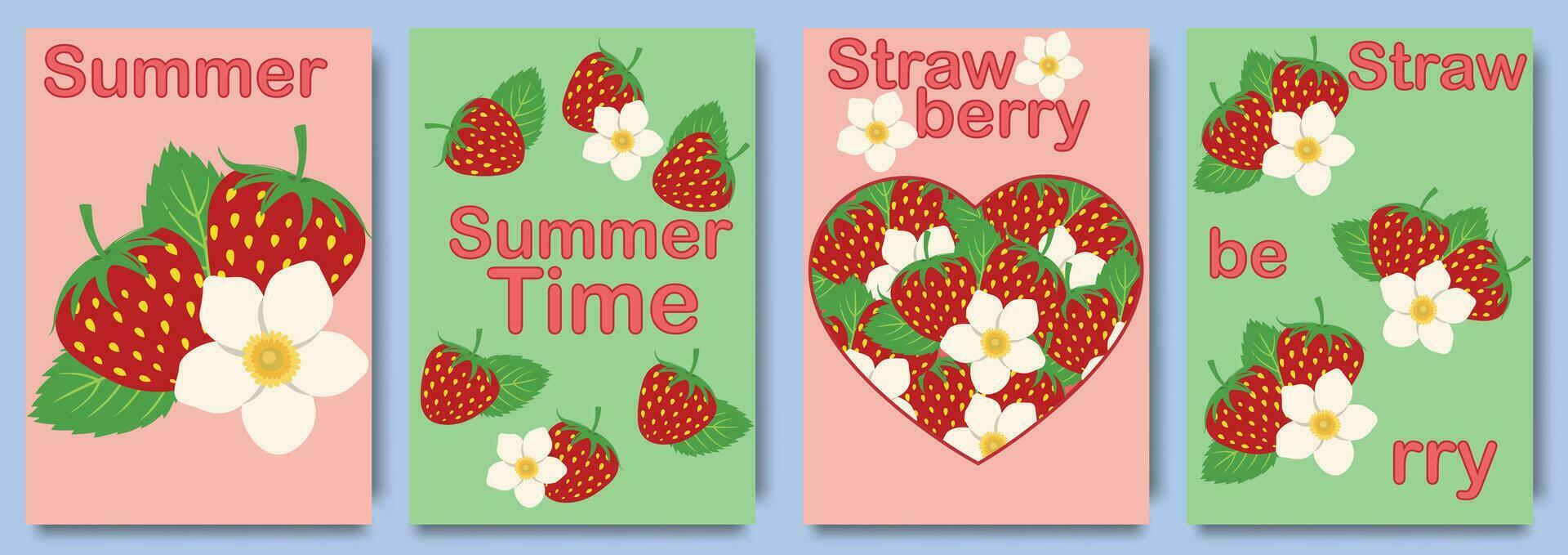 Creative summer concept with strawberry. Modern art design with hearts, strawberries, flowers and modern typography. Templates for celebration, ads, branding, banner, cover, label, poster vector