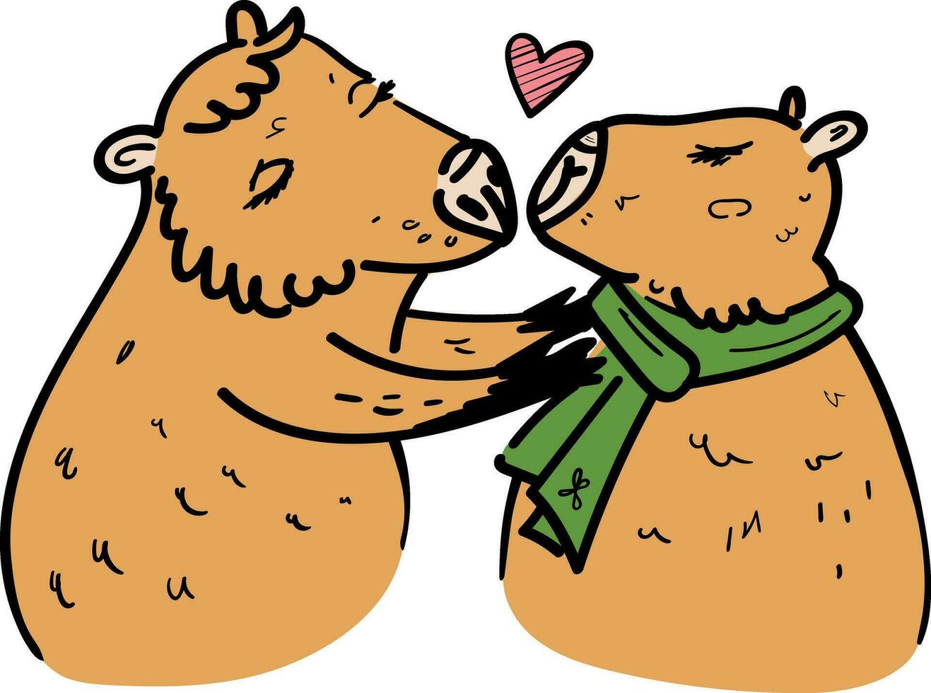 dos capibaras besos cada otro con un corazón en el medio vector