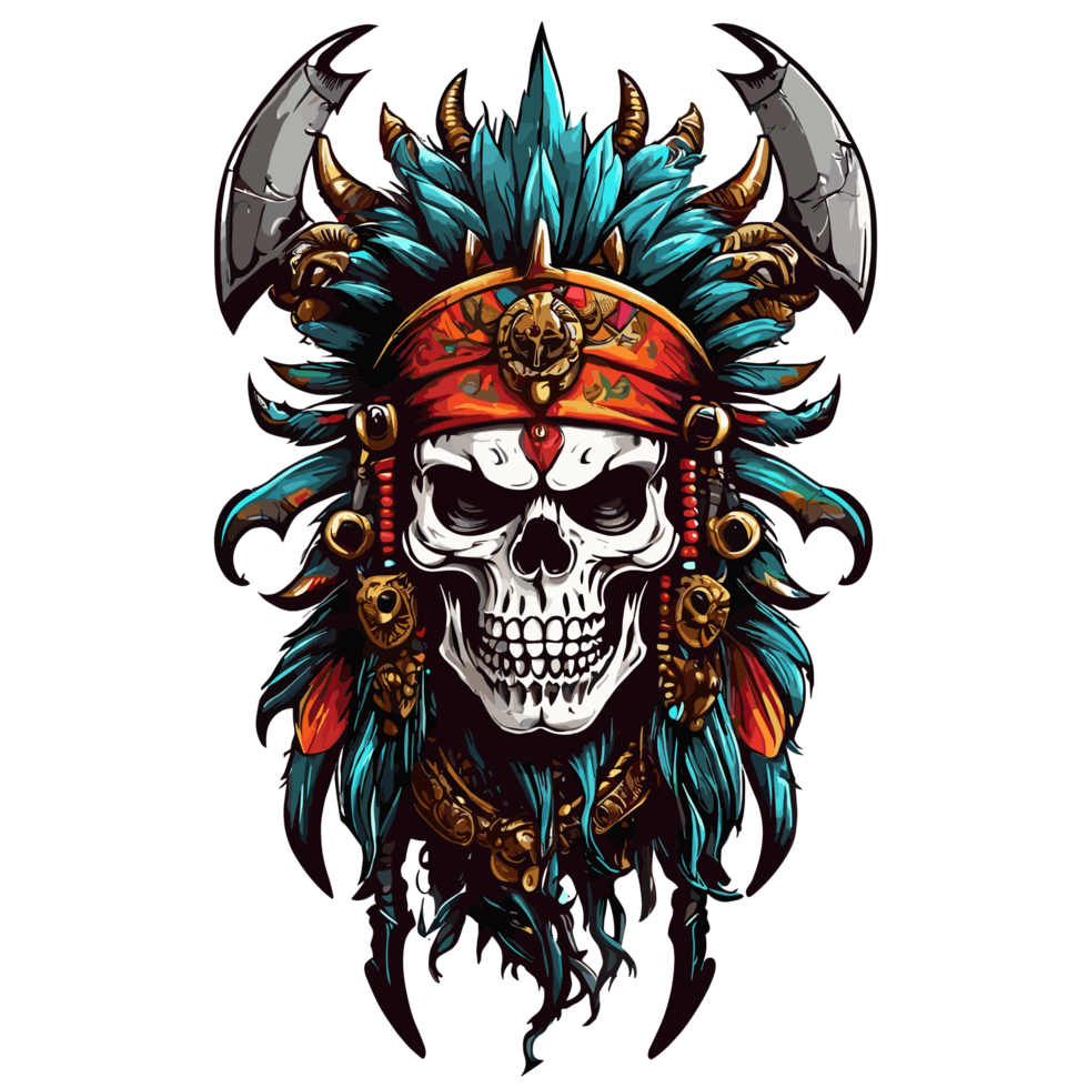 AI generated skull in indian headdress with two swords png