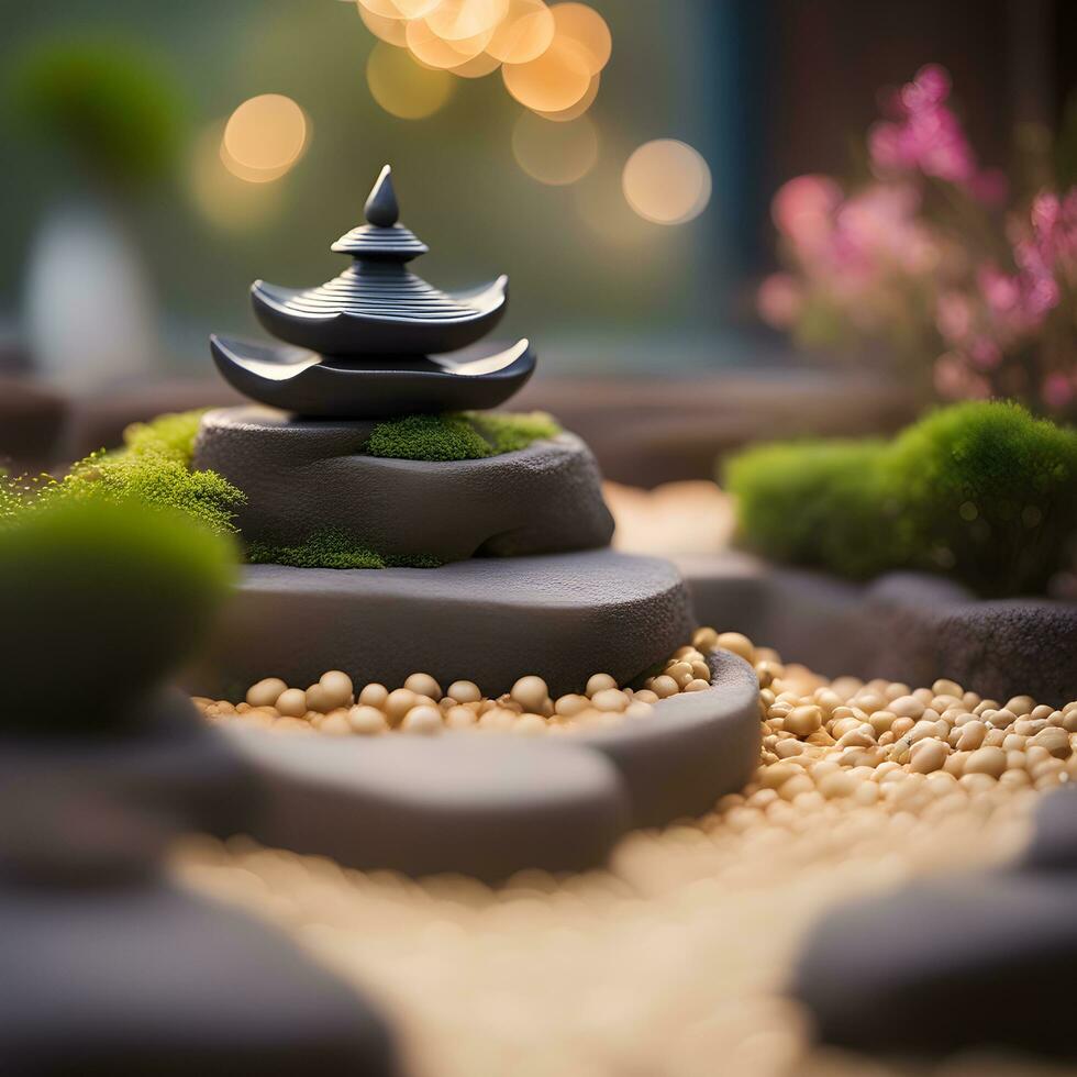 AI generated a small black rock garden with a small pagoda photo