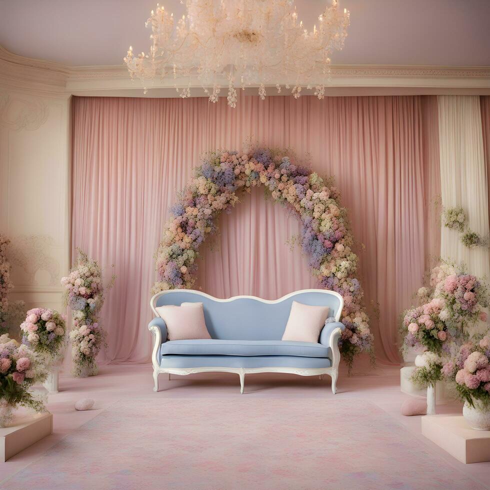 AI generated a wedding ceremony with a blue couch and flowers photo