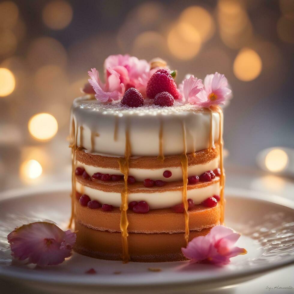 ai generado un pastel con fresas y crema en un plato foto