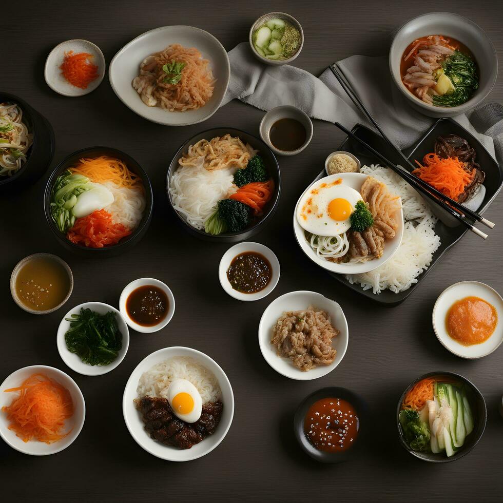 AI generated a variety of bowls of food are arranged on a table photo