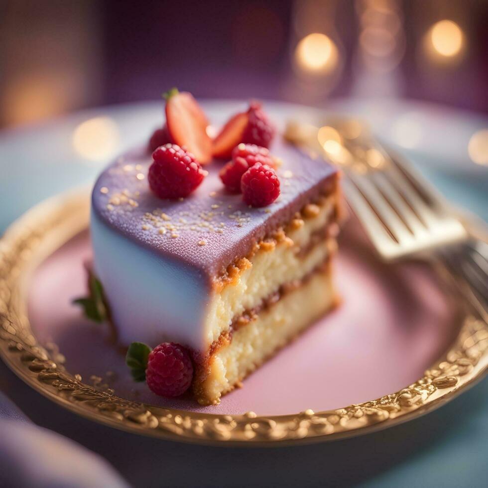 AI generated a piece of cake on a gold plate with raspberries photo