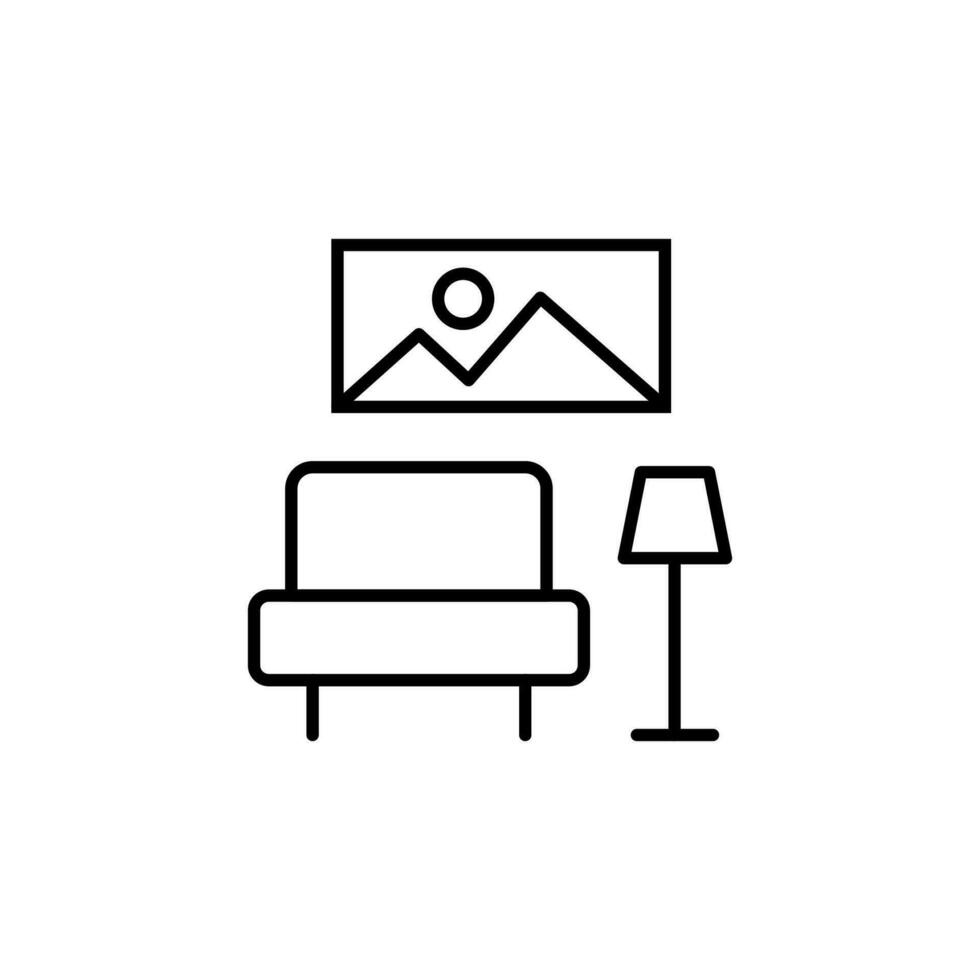 Lamp, couch and Picture Vector icon for Advertisement. Suitable for books, stores, shops. Editable stroke in minimalistic outline style. Symbol for design