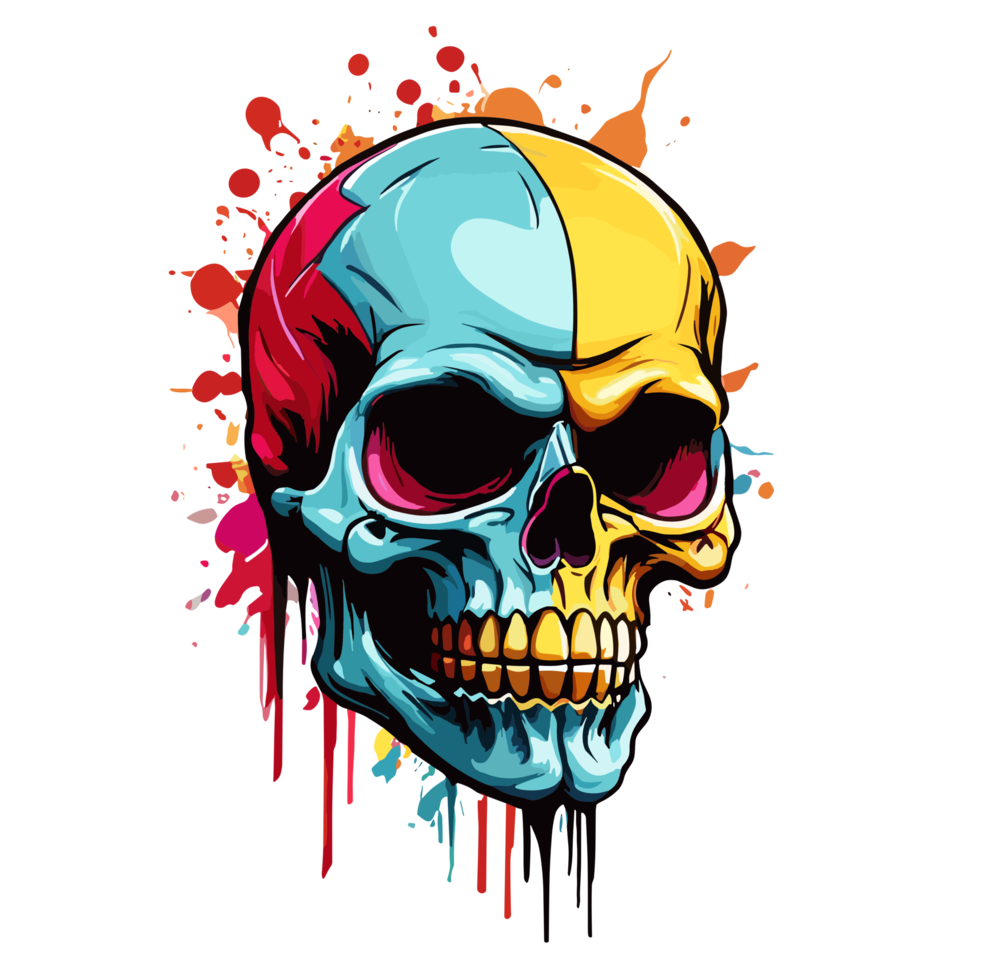 AI generated colorful skull with paint splatters on it png
