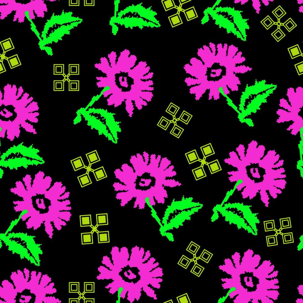 Pattern pink flowers pixel art. Pixel y2k shapes, trendy elements in vaporwave acid style. Universal geometric shapes flowers vector