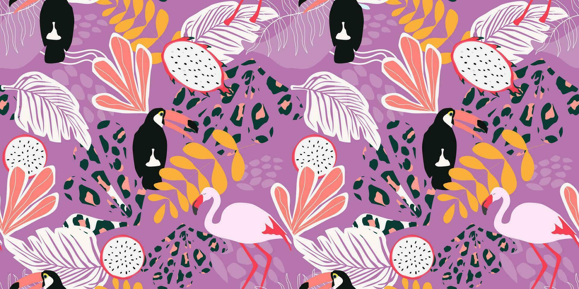 Seamless pattern with abstract exotic tropical print. Birds toucan, flamingo against the background of palm leaves, animal colors. Vector graphics.