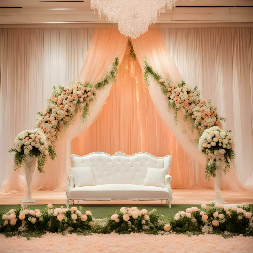 AI generated a wedding stage with white couches and flowers photo