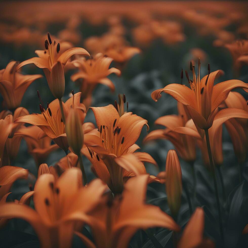 ai generado naranja lirios en un campo de verde césped foto