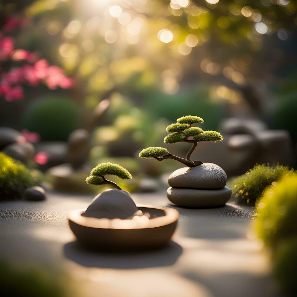AI generated bonsai tree in a small stone pot on a stone table photo