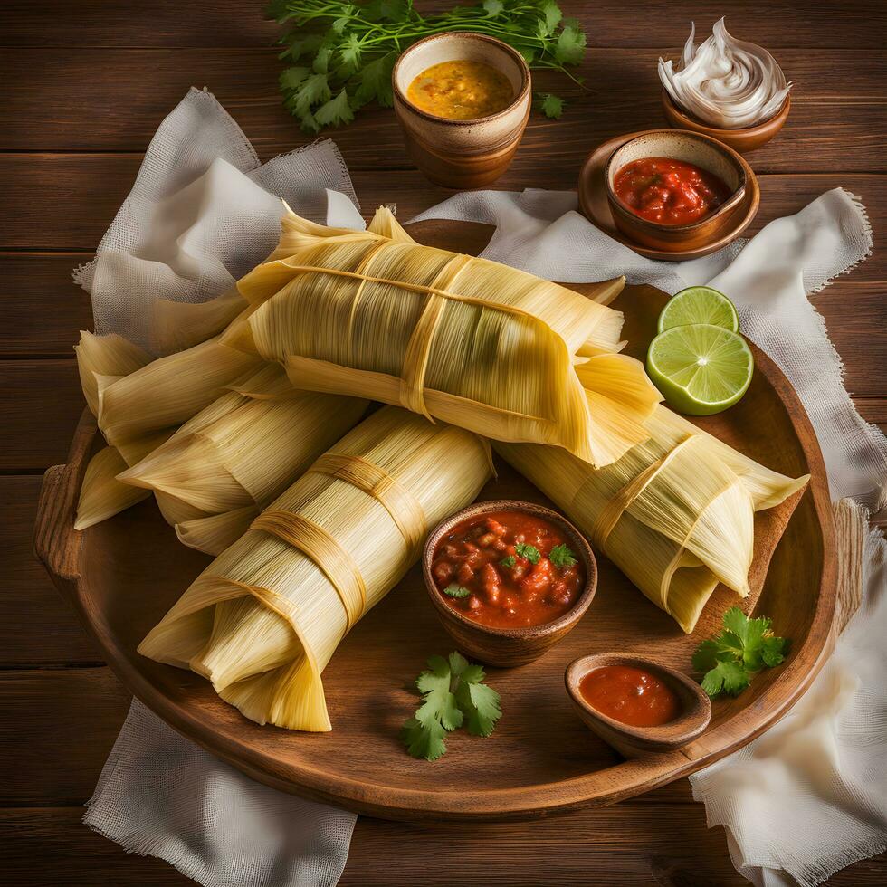 AI generated mexican tamales on wooden plate photo