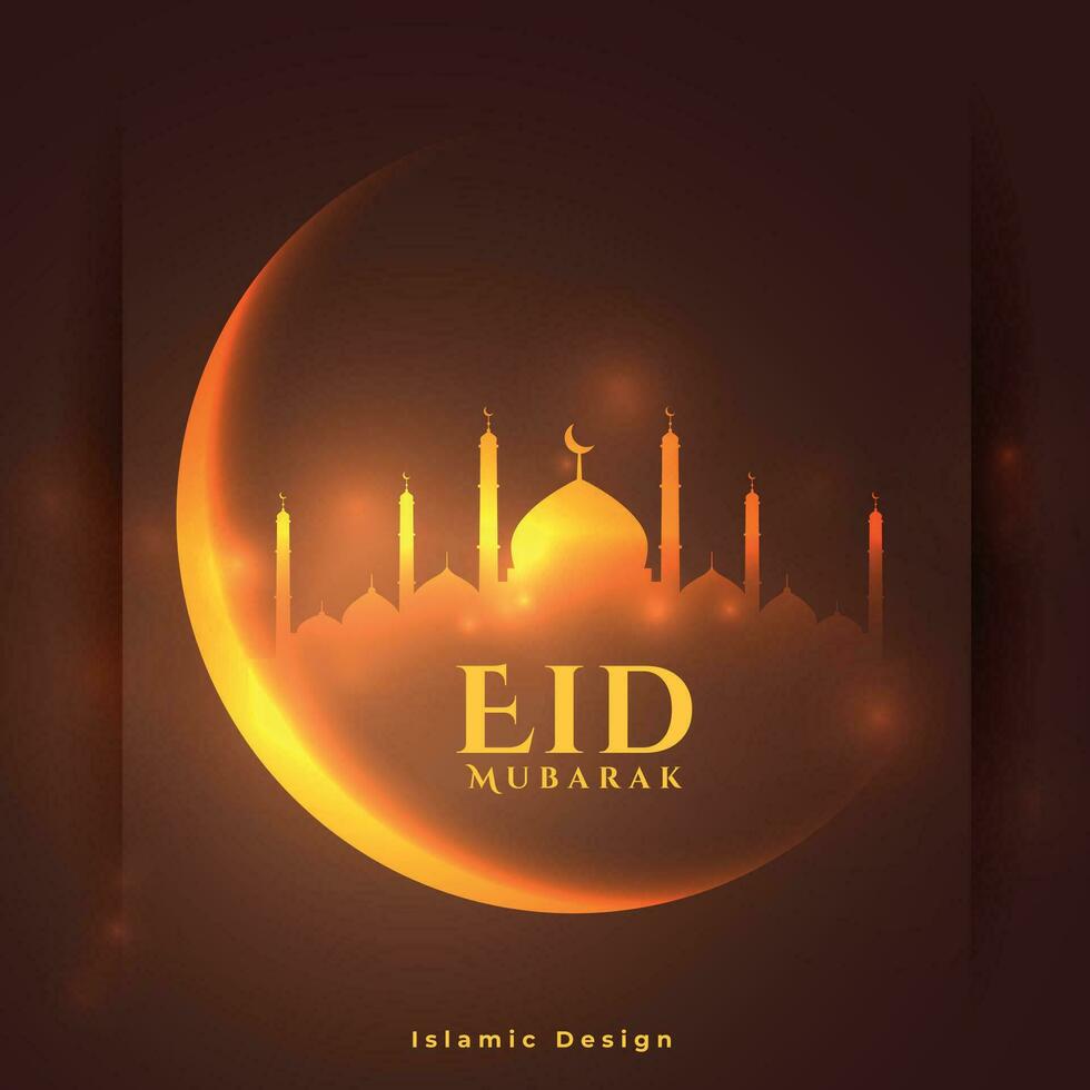 eid mubarak glowing banner with crescent moon and mosque vector