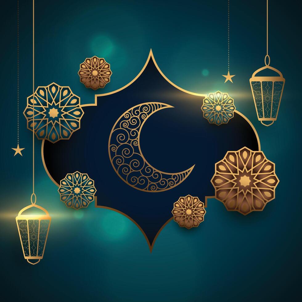 eid mubarak realistic card with lantern and moon vector