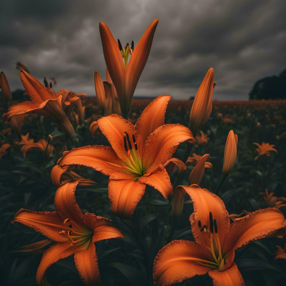 ai generado naranja lirios en un campo con oscuro nubes foto