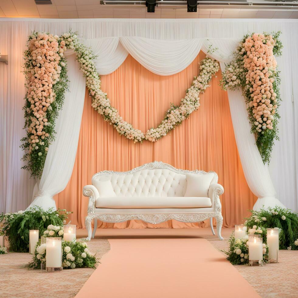 AI generated an elegant wedding stage with white couches and flowers photo