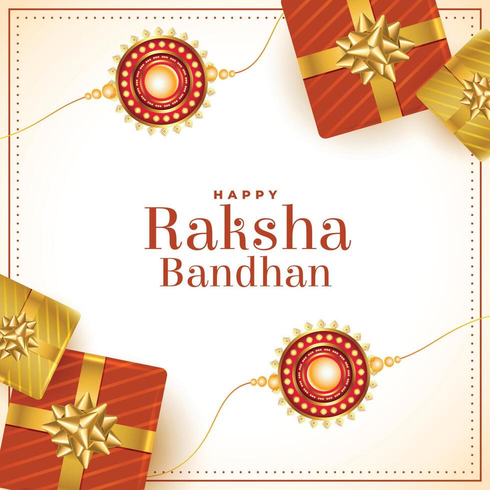 contento raksha Bandhan étnico tarjeta con regalo cajas y rakhi diseño vector