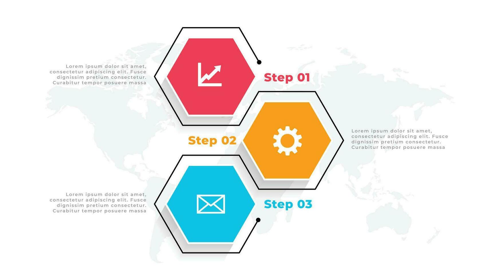 Tres pasos hexagonal infografía modelo diseño vector