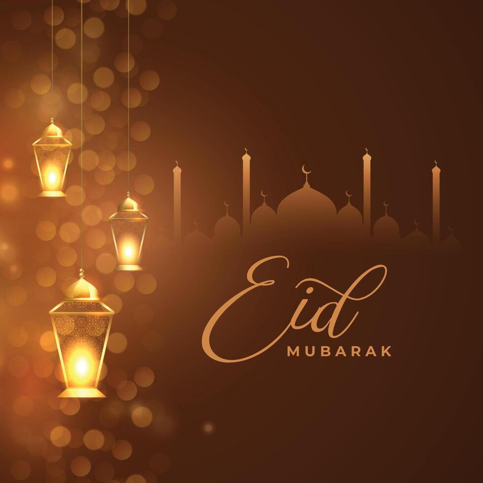 eid Mubarak festival deseos tarjeta con dorado linternas vector