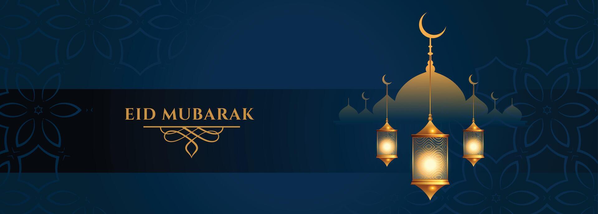 eid mubarak lantern and mosque festival banner vector