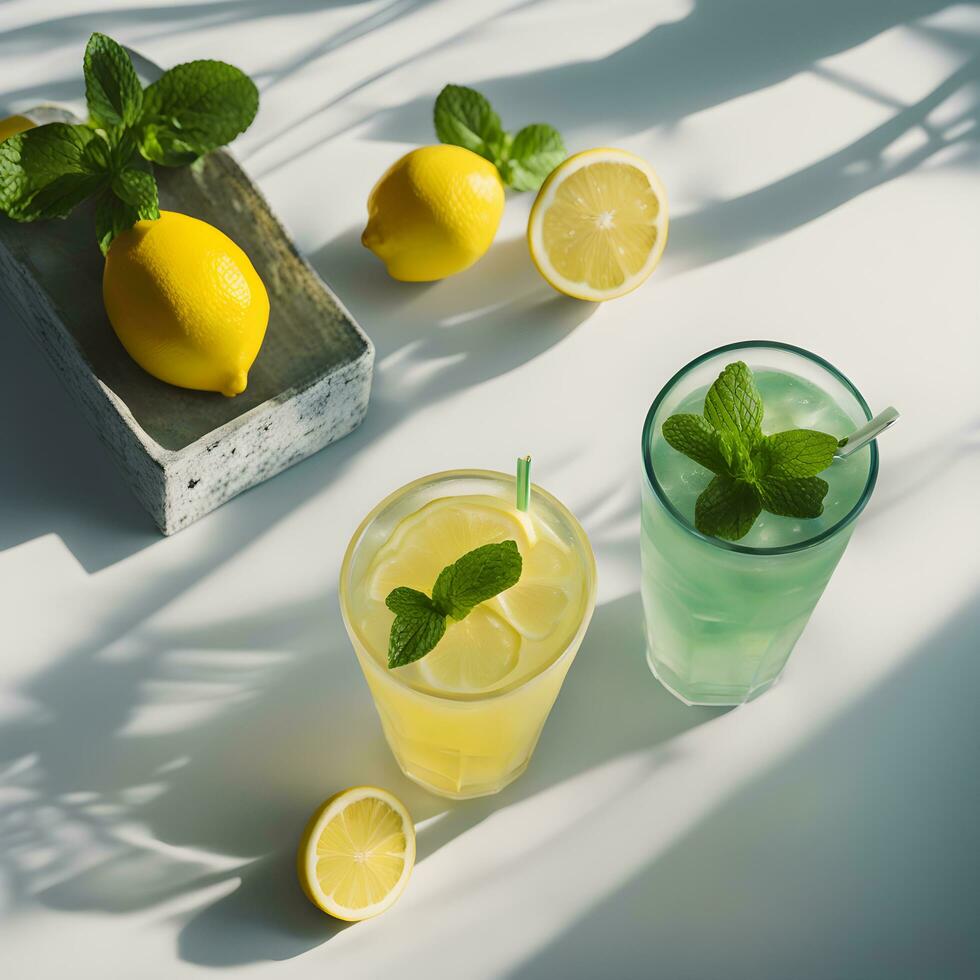 AI generated two glasses of lemonade and mint leaves on a white table photo