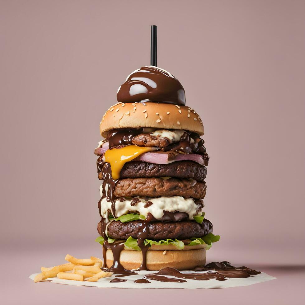 AI generated a large hamburger with chocolate sauce and cheese photo