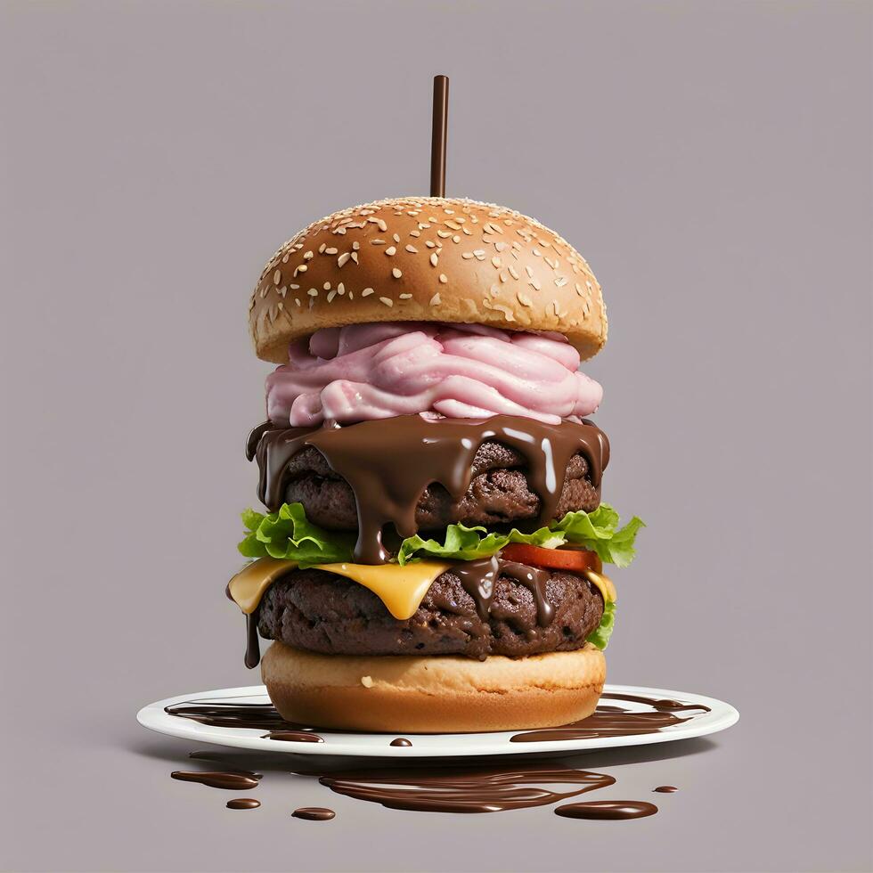 AI generated a large hamburger with chocolate and ice cream on top photo