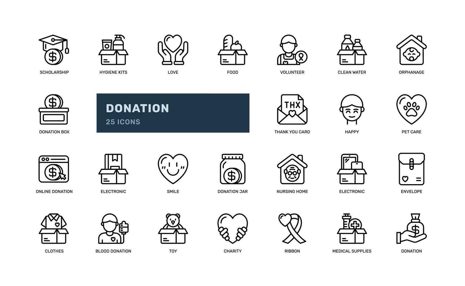 donación caridad cuidado voluntario comunidad donar compartiendo detallado contorno línea icono conjunto vector