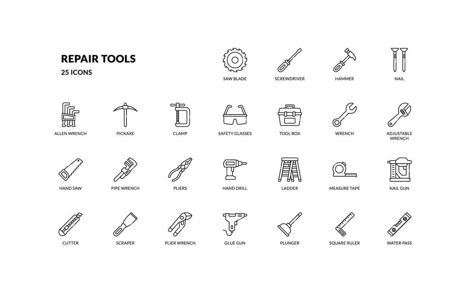 repair renovation maintenance tool engineer technician detailed outline line icon set vector