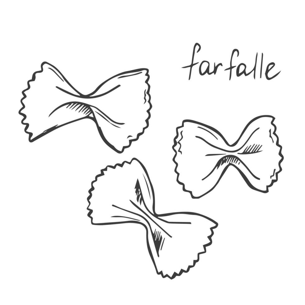 Italian Farfalle pasta. Hand-drawn sketch in the style of engraving. Traditions of Italian cuisine. For menu design, packaging, etc. Vector drawing isolated on a white background.