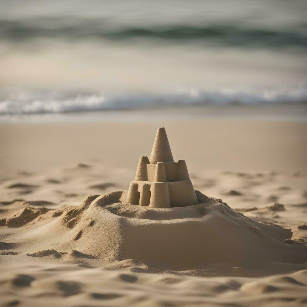 ai generado un arena castillo en el playa con olas en el antecedentes foto