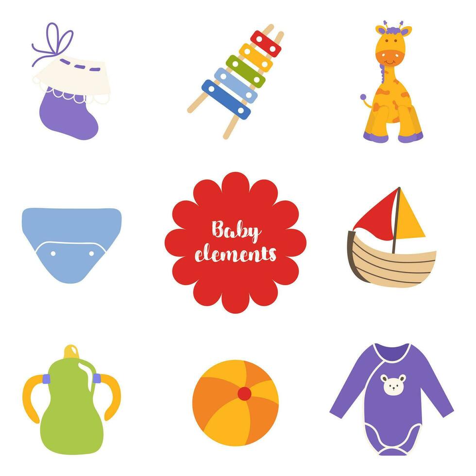 A set for newborns with cartoon elements in a flat design.  A set of children's toys, clothes, care products and other decorative stickers. Vector illustration