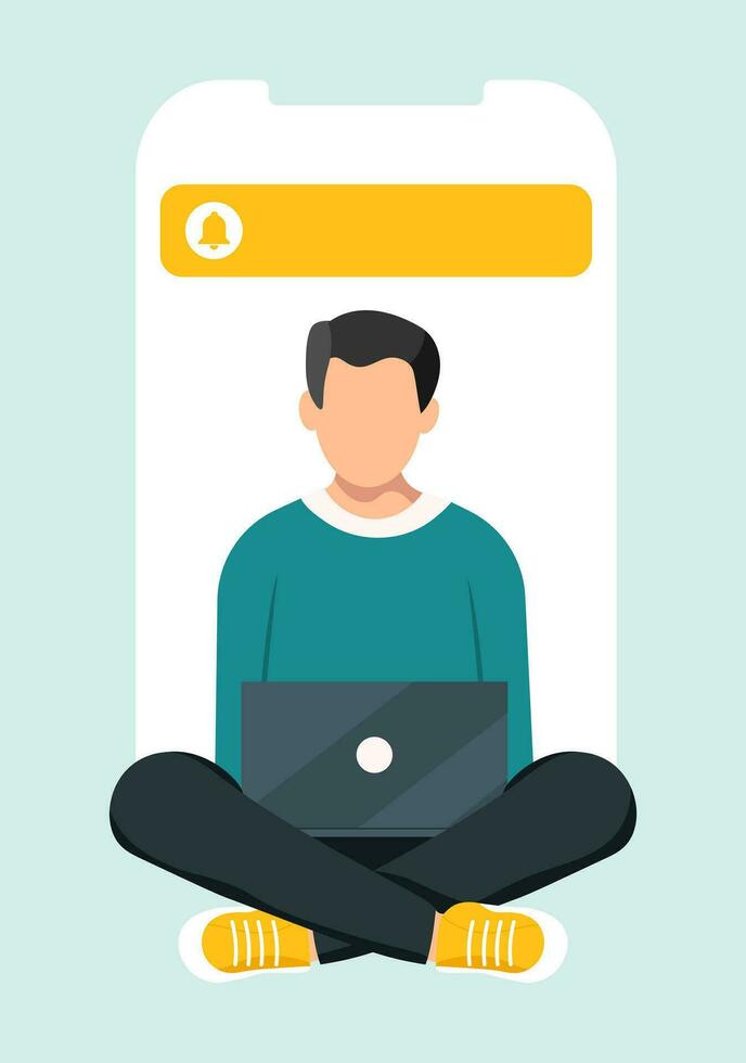 Man works at the laptop computer. Flat vector illustration  of freelance, work at home, work, office, education. Remote work and  communication in social networks. Cartoon style