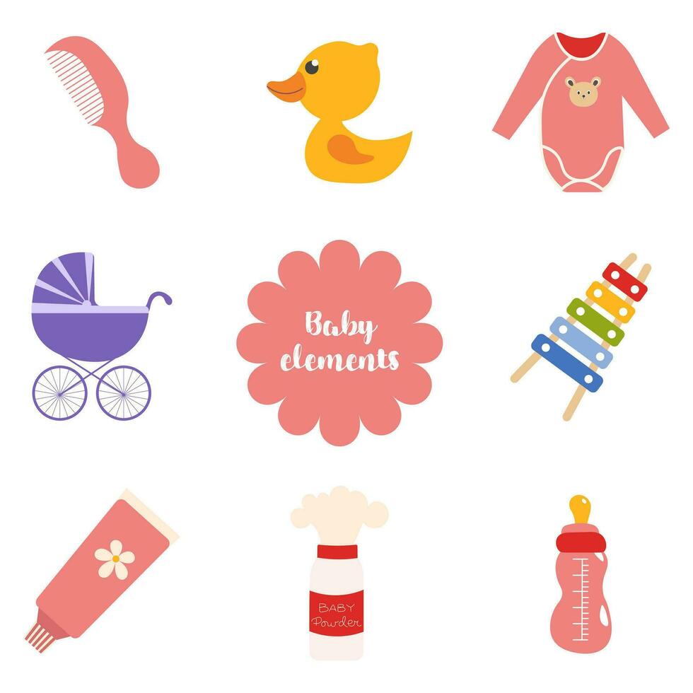 A set for newborns with cartoon elements in a flat design.  A set of children's toys, clothes, care products and other decorative stickers. Vector illustration