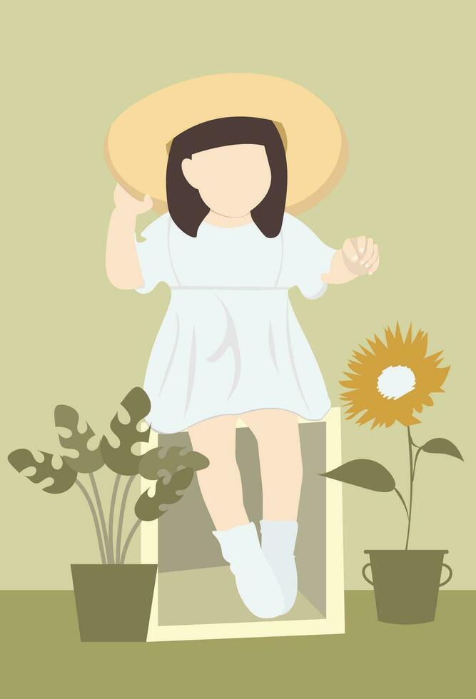 A stylish girl in a hat and a white dress, loving herself.  Vector flat illustration. Cartoon style. Faceless baby