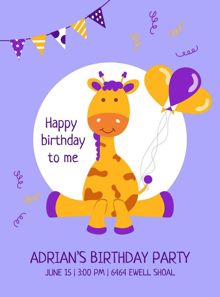 Cartoon funny little giraffe sitting with balloons. Children's  invitation to a birthday party. Vector flat illustration