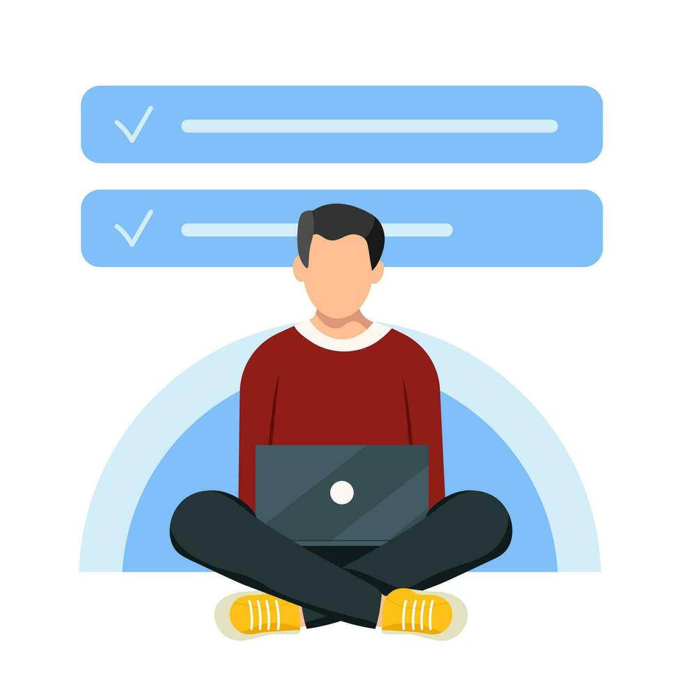 Man works at the laptop computer. Flat vector illustration  of freelance, work at home, work, office, education. Remote work and  communication in social networks. Cartoon style