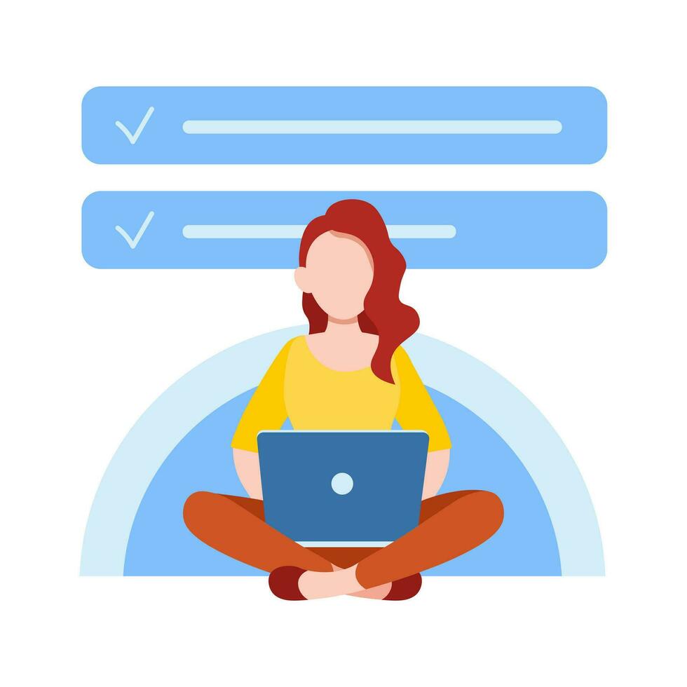 Girl works at the laptop computer. Flat vector illustration  of freelance, work at home, work, office, education. Remote work and  communication in social networks. Cartoon style