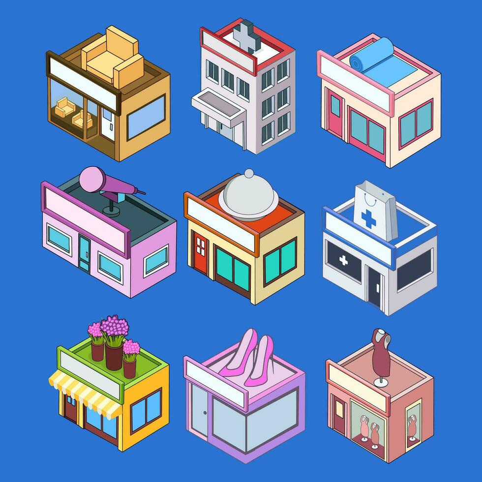 Hand-drawn Isometric Store Collection vector