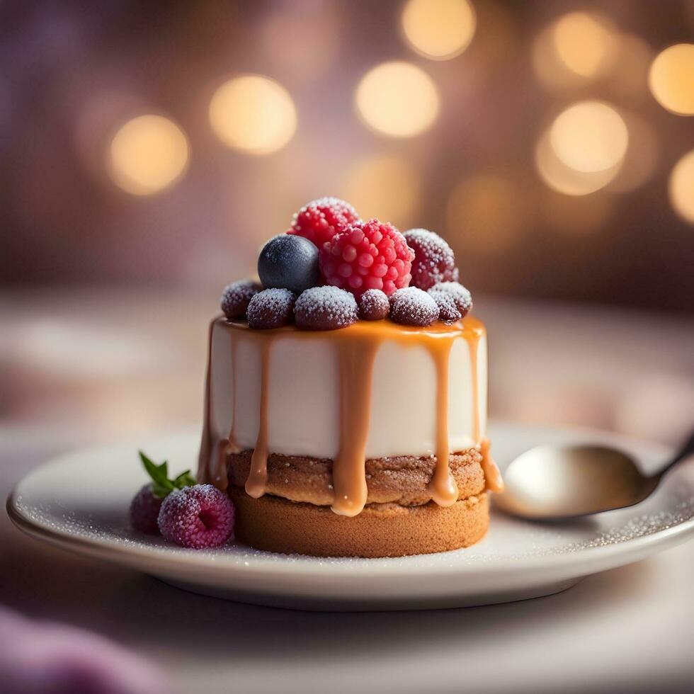 AI generated a dessert on a plate with berries and cream photo