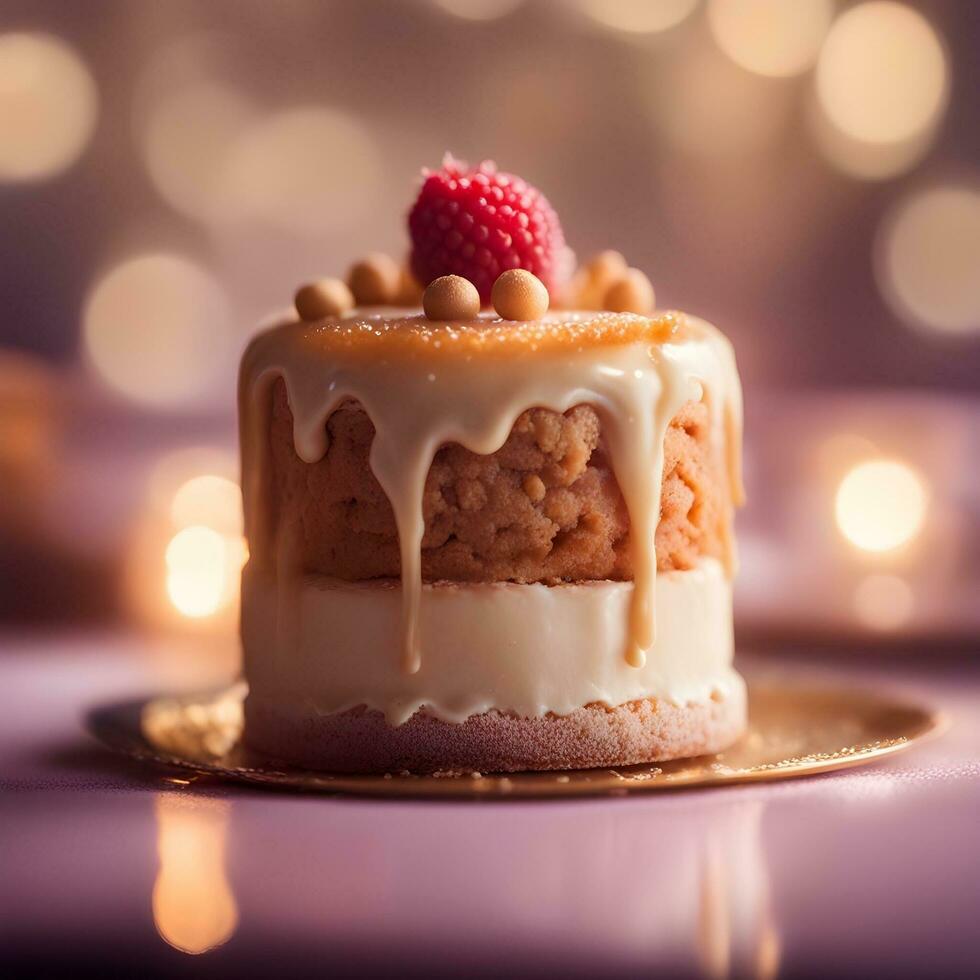 AI generated a cake with a raspberry on top and a candle photo