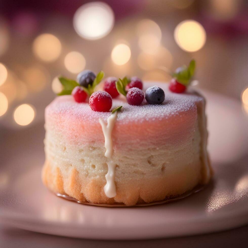 AI generated a small cake with berries and cream on a plate photo