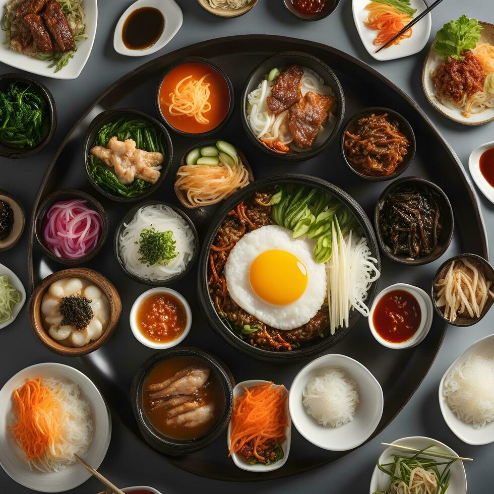 AI generated an overhead view of a large plate of korean food photo