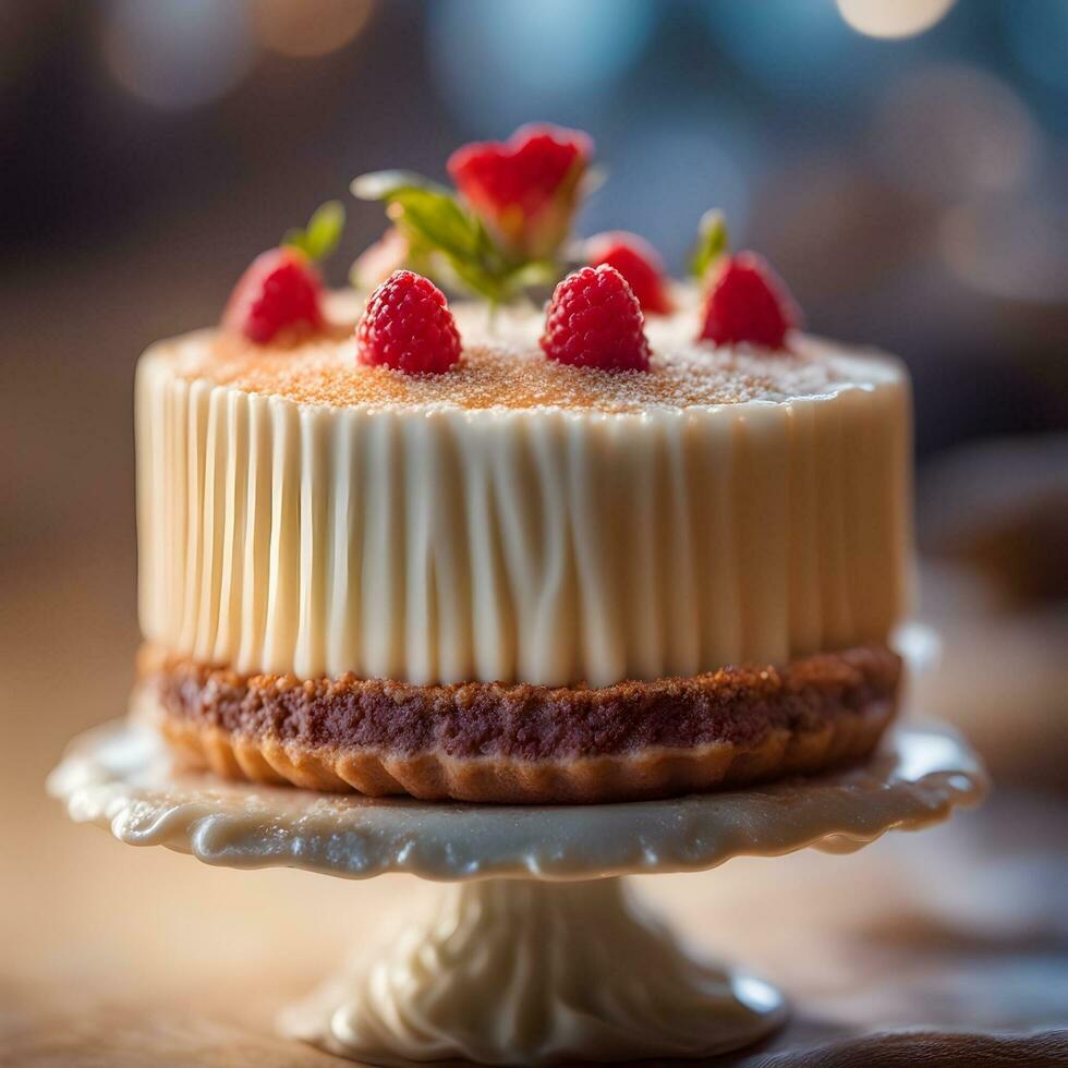 AI generated a cake with raspberries on top on a cake stand photo