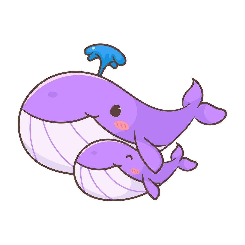 Cute purple whale mom and baby cartoon vector illustration. Adorable and kawaii animal concept design. Undersea aquatic mammals.Isolated white background.