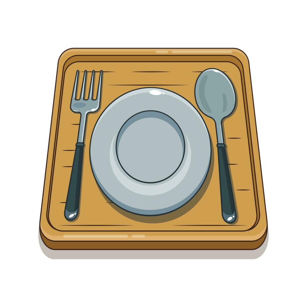 spoon, fork, and plate cartoon vector illustration.