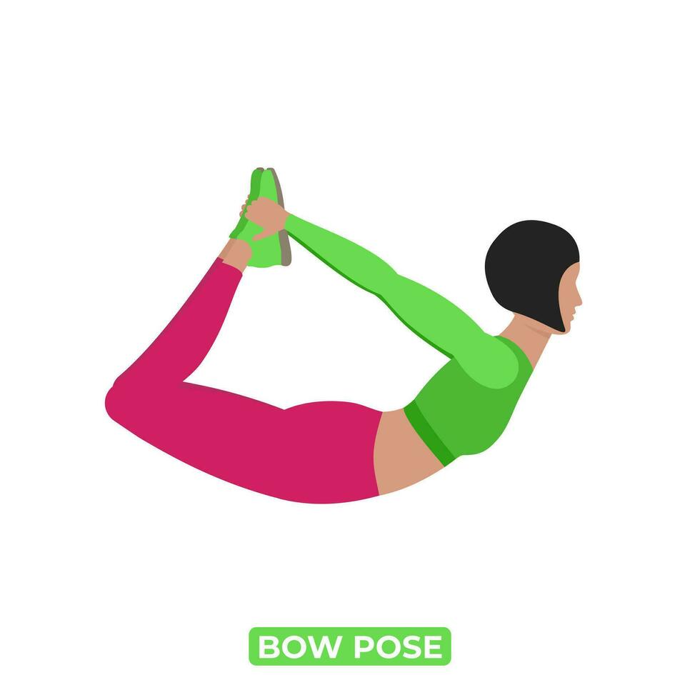 Vector Woman Doing Bow Pose Stretch. Dhanurasana. An Educational Illustration On A White Background.