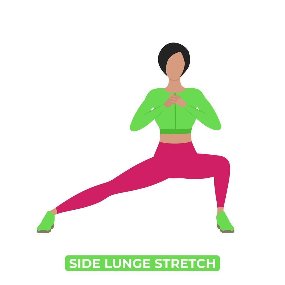 Vector Woman Doing Side Lunge Stretch. Hip Adductor Stretch. Skandasana. An Educational Illustration On A White Background.